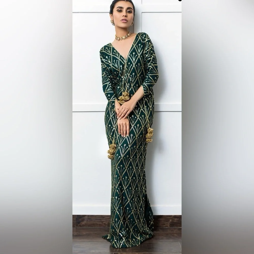 Green and Gold Sequin Embroidered Kaftan Dress - Picture 1 of 3